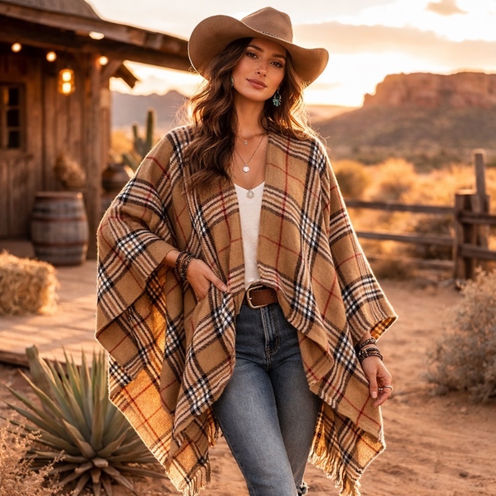 V. FRAAS Tan Black Plaid Fringe Old Money Equestrian Shawl Wrap Sweater One Size